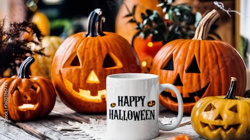 Festive autumn scene featuring carved pumpkins with cheerful expressions, surrounded by seasonal decorations and a white mug displaying a Halloween greeting, creating a warm holiday atmosphere
