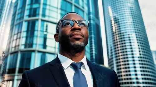 African American man in formal suit and glasses stands confidently outdoors, gazing upward against a backdrop of modern skyscrapers, embodying ambition and professionalism