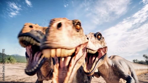 Three dinosaurs, featuring close-up views of their heads, showcasing vibrant colors and textures against a dramatic sky, emphasizing prehistoric life and natural history