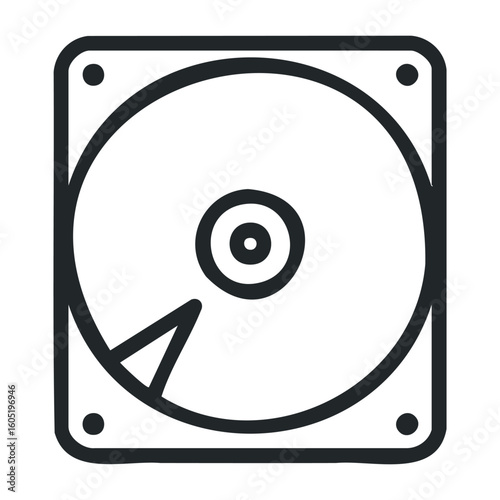 Monochrome diagram of a computer hard disk drive with rotating components. Vector illustration
