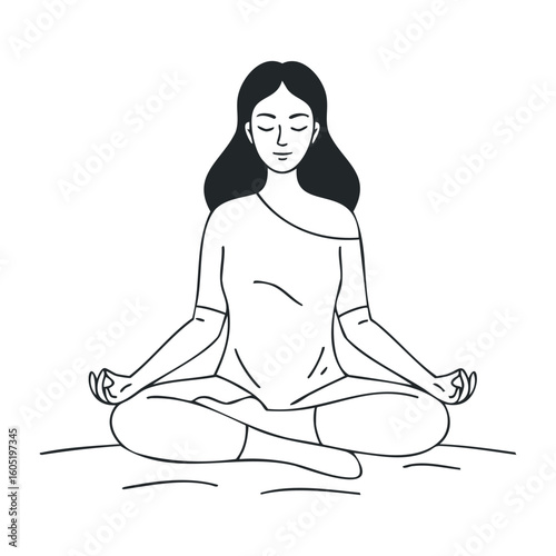 Young asian adult female meditating in cross-legged pose. Vector illustration