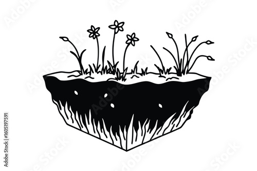 Vector Of Floating Grassy Land Chunk With River