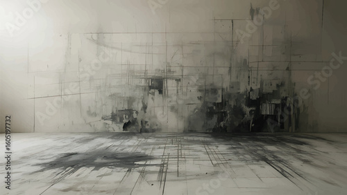 Abstract charcoal sketch of a room with gridded lines and dramatic shadows