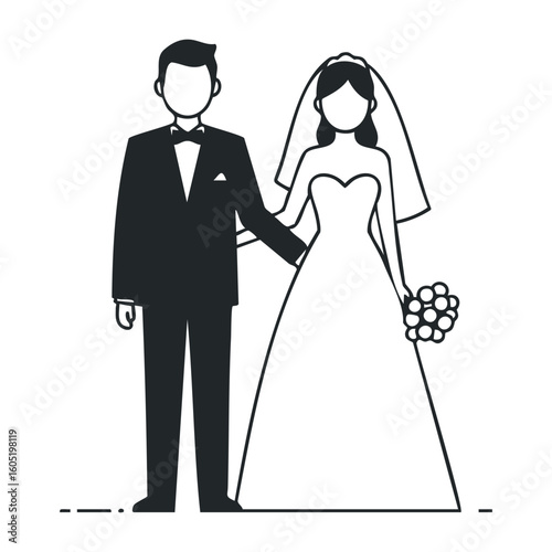 Bride and groom wedding silhouette in formal attire holding bouquet. Vector illustration
