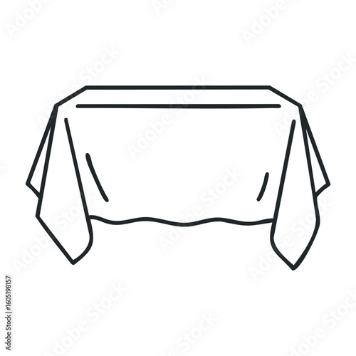 Black and white line art of a dining table with a tablecloth and geometric design. Vector illustration