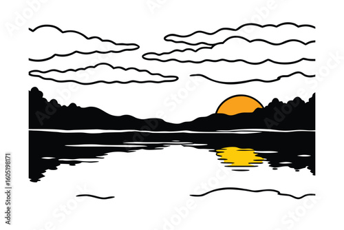 Sunset Over Calm Lake With Colorful Clouds