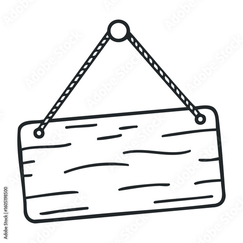 Rustic wooden sign hanging from rope on white background. Vector illustration