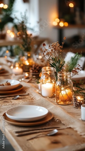 Elegant Dining Table Setup With Candles and Floral Arrangements in a Cozy Set...