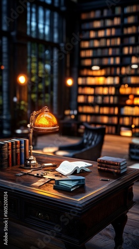 Writing in a Vintage Library With Warm Lighting and Classic Books in Background.