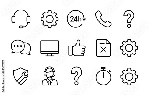 Support and service line icons with headset, settings, 24h, chat, phone, question, shield, timer