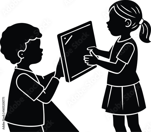 siblings teaching coding silhouette, siblings coding together silhouette