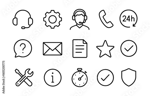 Support and service line icons with headset, gear, phone, mail, document, check, star, tools