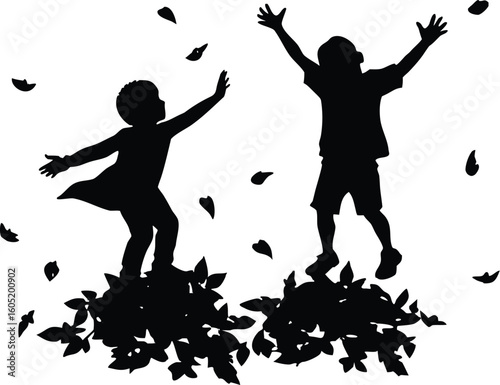 siblings jumping in leaves silhouette, siblings playing in leaves silhouette