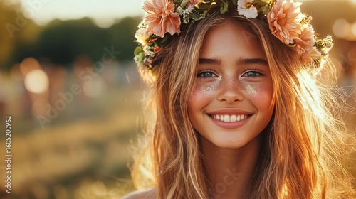 Young Girl Wearing Flower Crown Smiling in Golden Sunlight During Summer Fest...
