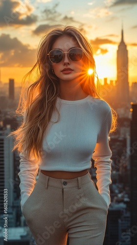 Woman in Stylish Outfit Poses Against New York Skyline During Sunset With Emp...