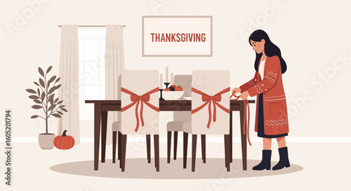 Woman Prepares Thanksgiving Dinner Table Setting With Festive Chair Decor