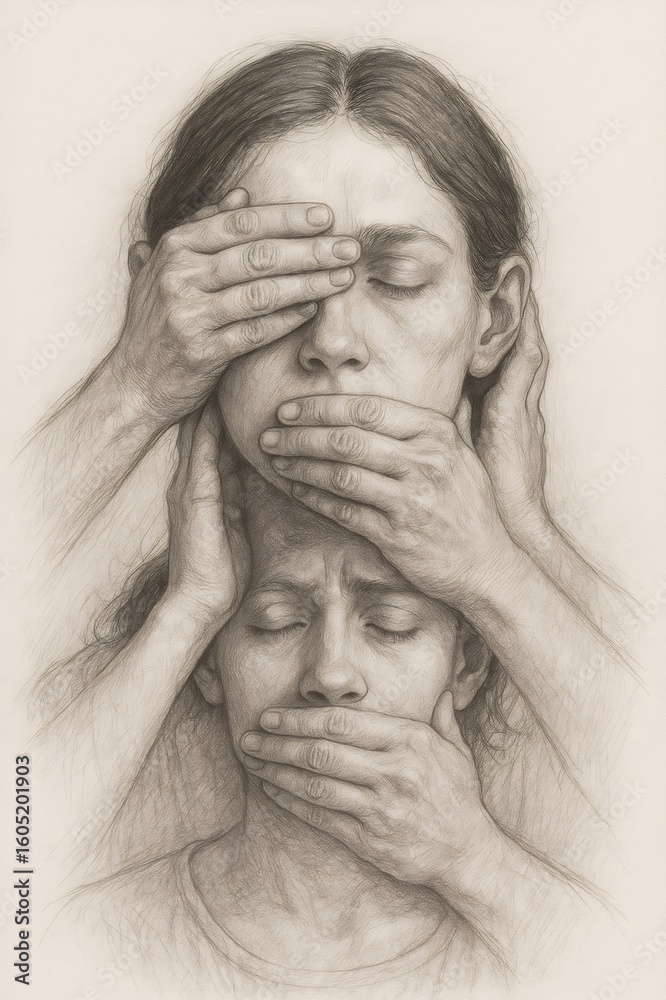 Fototapeta premium Pencil drawing representing censorship and oppression, with women covering eyes and mouths of other women