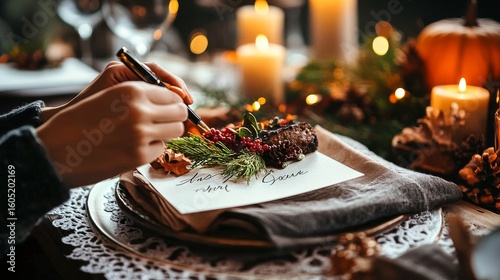 Writing a Festive Message With Autumn Decor and Candlelight Glow at a Cozy Ta...