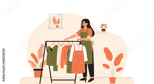 Woman Choosing Outfit On Rack In Living Room Interior Illustration