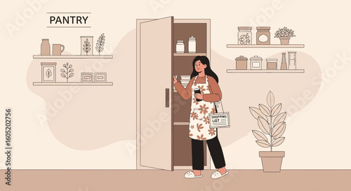 Woman Preparing A Meal In Kitchen With Pantry Organization Illustration
