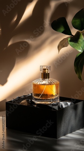 Elegant Perfume Bottle Displayed on a Black Box With Soft Lighting and Plant ...