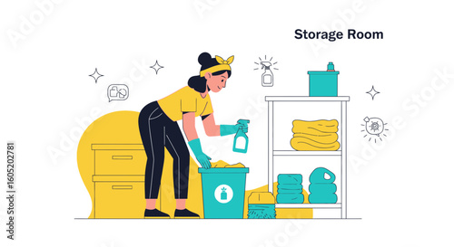 Woman Cleaning And Organizing A Storage Room With Shelves And Cleaning Supplies