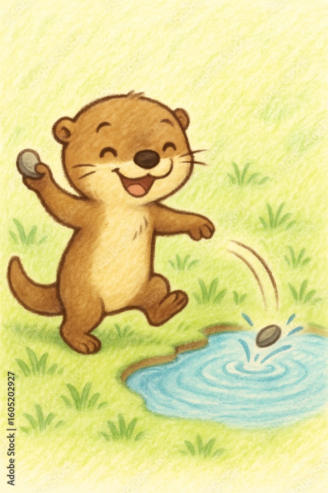 Fototapeta premium Playful otter splashing water, tossing stones near riverbank, capturing whimsical wildlife moment with lighthearted energy