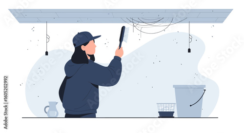Woman Cleaning Cobwebs On The Ceiling In An Illustration Style Flat Design