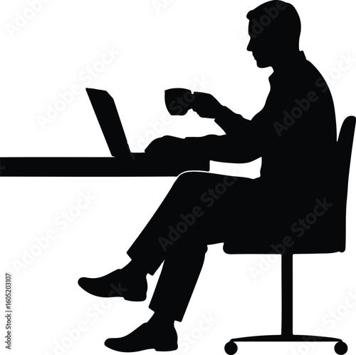Silhouette of a man working at a desk with a laptop and holding a cup of coffee in a seated position