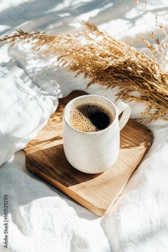 Cozy Coffee Moment With a Cup on a Wooden Board Amid Soft Fabrics and Dried F...