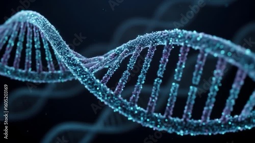 Glowing DNA helix spins, dark background, science research