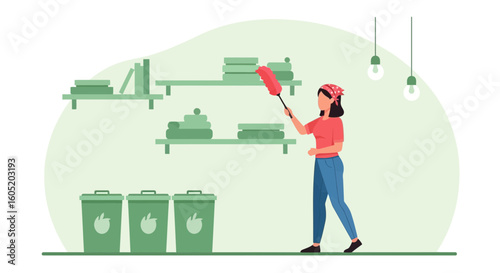 Woman Cleaning Dusting Furniture In A Green Toned Room With Feather Duster