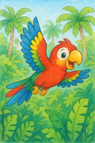 Vibrant parrot gliding among verdant rainforest branches, capturing tropical wilderness with colorful, dynamic flight