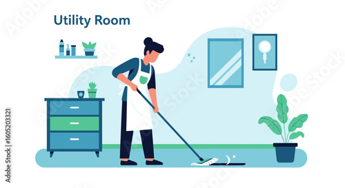 Woman Cleaning Floor With Mop At Home In Utility Room Illustration