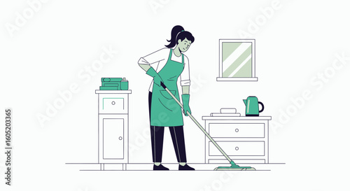 Woman Cleaning Floor With Mop In Room Is Doing Housework Illustration