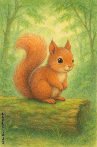 Red squirrel perching on mossy log, sunlight filtering through lush forest greenery, highlighting woodland wildlife