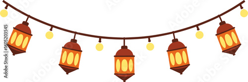 Hanging decorative lanterns on white background with copy space
