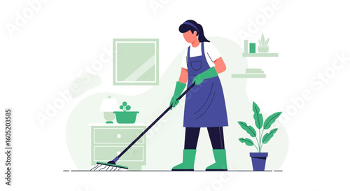 Woman Cleaning Home With Mop Illustration Housekeeping And Household Chores