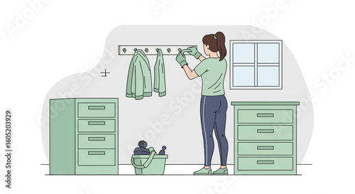 Woman Cleaning Room Hanger Rack With Gloves And Cleaning Tools Near Window