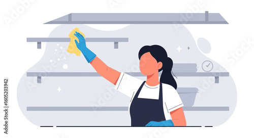 Woman Cleaning Shelves In The Kitchen With A Rag And Wearing Gloves