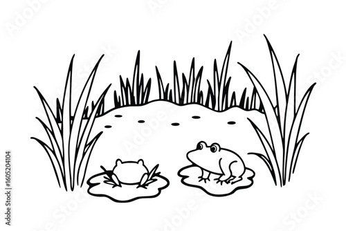 Peaceful Nature Swamp Scene With Frogs And Reeds