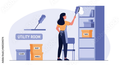 Woman Cleaning Utility Room Shelves With A Duster In A Vector Art