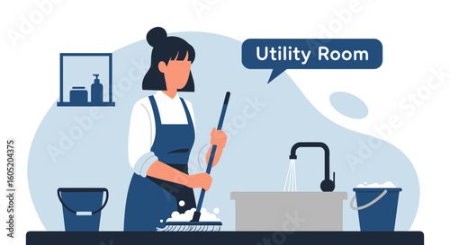 Woman Cleaning Utility Room Floor With Mop for Household Chores