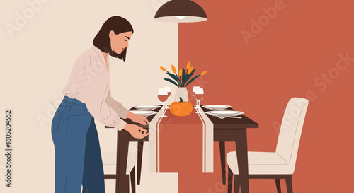 Woman Preparing Table For Holiday Dinner At Home In Thanksgiving Season