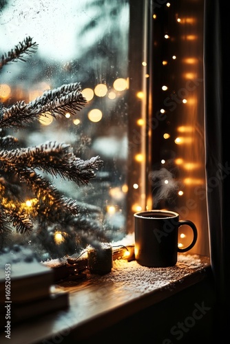 Cozy Winter Evening With Steaming Cup Near Window Adorned With Lights.