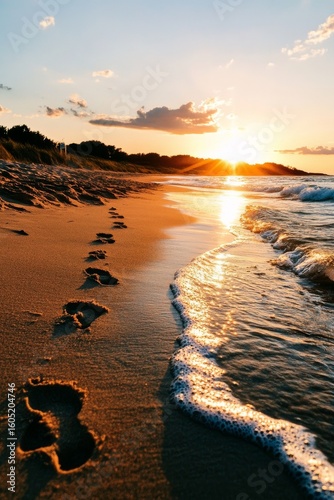 Footprints in the Sand at Sunset Near the Ocean Shoreline.