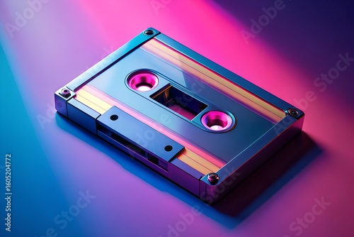 Retro cassette tape illuminated with vibrant pink and blue neon lights
