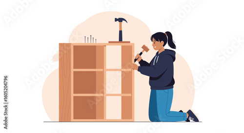 Woman Constructing Wooden Furniture At Home With A Hammer And Nails