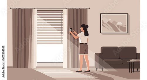 Woman Controlling Smart Home Automation System For Window Coverings Interior