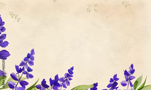 Vintage-style floral watercolor border with slow-moving lavender over beige parchment texture background.
